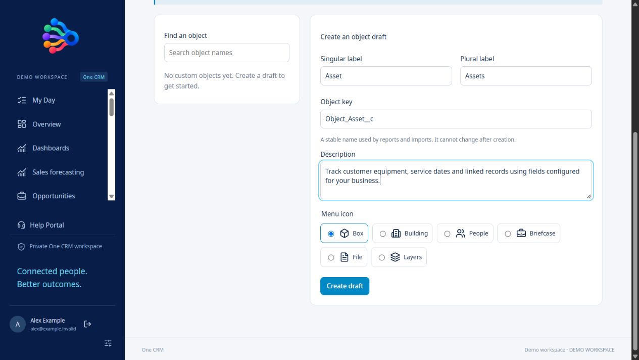 OneCRM+ custom object builder configuring an example Asset record type and menu icon