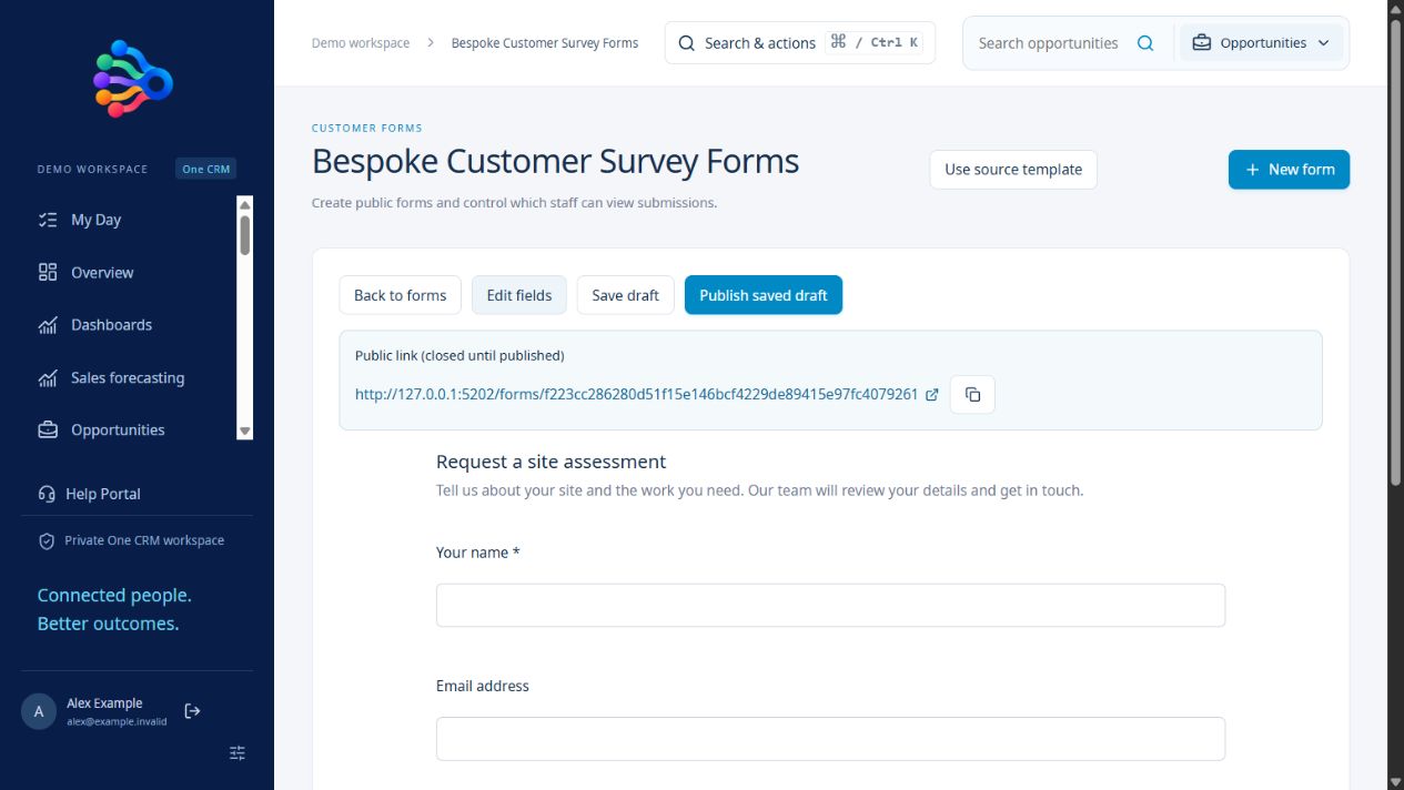 OneCRM+ form preview for a site assessment with name, email and company fields