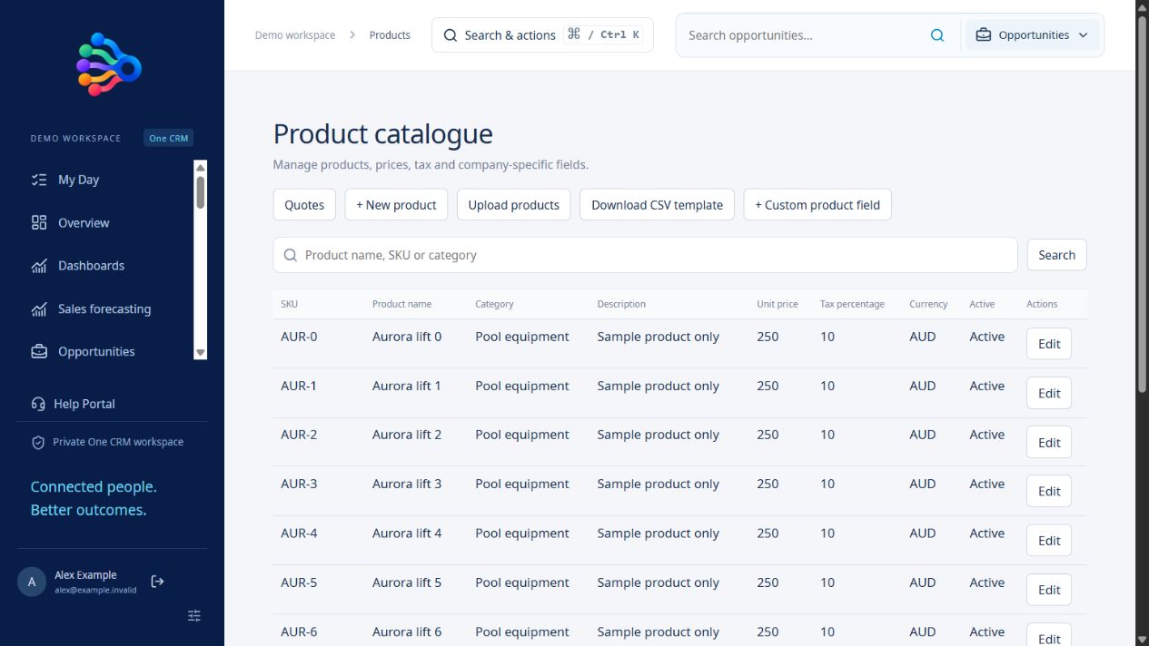 OneCRM+ product catalogue with sample SKUs, categories, prices, tax and product import controls